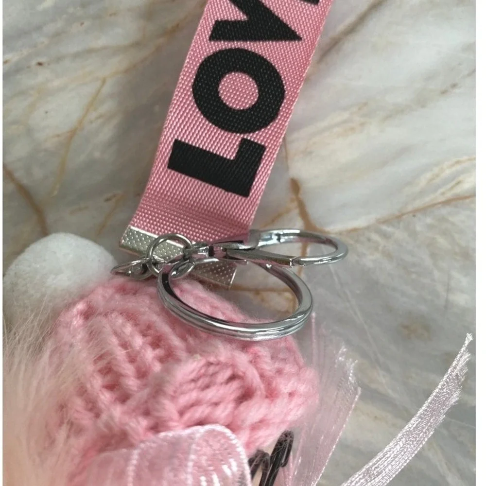 Pink Faux Fur Doll Keychain Charm with Glasses and LOVE Strap Accessory‎